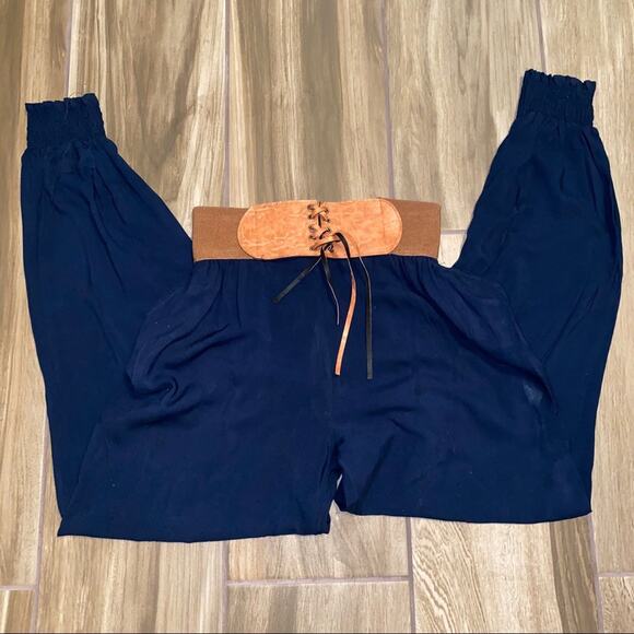 XYoung Boho Indie elastic waist pants built in belt navy blue medium - Picture 3 of 6